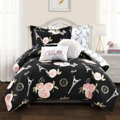 Hot Sale ???? Lush Decor Vintage Paris Rose Butterfly Script 7 Pc. Comforter Set ????