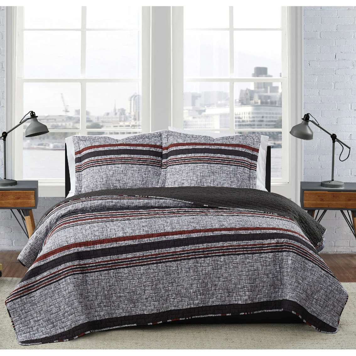 Promo ???? London Fog Warren Stripe Quilt Set ???? 1 Promo ???? London Fog Warren Stripe Quilt Set ????